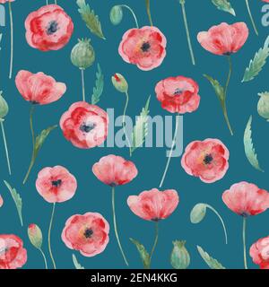 Nahtloses Muster mit Aquarell roten Mohnblumen. Stockfoto