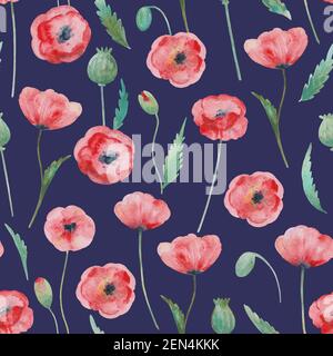 Nahtloses Muster mit Aquarell roten Mohnblumen. Stockfoto