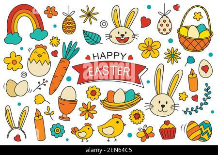 Happy easter Elements Design. Osterset mit Objekt und Dekorationen auf weißem Hintergrund. Stock Vektor