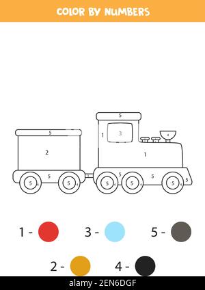 Malseite mit Cartoon Zug. Farbe nach Zahlen. Mathe-Spiel für Kinder. Stock Vektor
