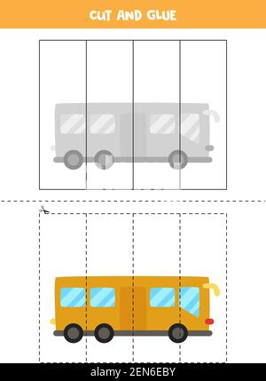 Schneiden und kleben Spiel für Kinder mit Cartoon-Bus. Schneidpraxis für Vorschulkinder. Stock Vektor