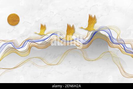 3D Illustration, weißer Marmorhintergrund, abstrakte blaue und orange Wellen, orangefarbene Umrisse von Kranichen und eine runde Sonne Stockfoto