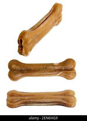 Knochen für einen Hund aus Sehnen und Knorpel mit dem Zusatz von Vitaminen und Mineralstoffen für den Körper von Hunden notwendig. Isoliert auf weißem Hintergrund. Stockfoto