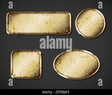 Alte Teller aus Gold oder Messing, goldene, schäbige Namensschilder mit Lücken und leerem Mockup. Metall schmutzige Identifikationsschilder, Abzeichen runden, ovalen und rechteckigen Rahmen für Namensschild mit Grime realistische 3D Vektor-Set Stock Vektor