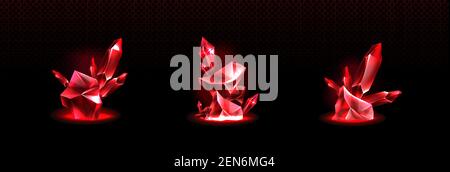 Kostbare Rubinsteine, glänzende rote Kristalle isoliert auf transparentem Hintergrund. Vektor realistische Set von 3D Edelsteinen verschiedenen Formen, Gesteinsmineralien, Geologie Kristalle Stock Vektor