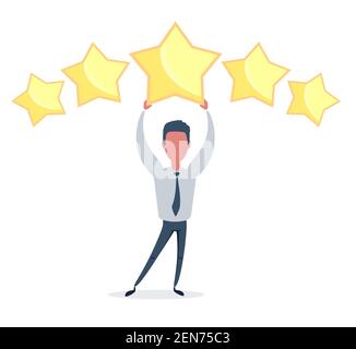 Geschäftsmann mit fünf Goldsternen für Bewertung, Qualität und Geschäftskonzept. Stock Vektor