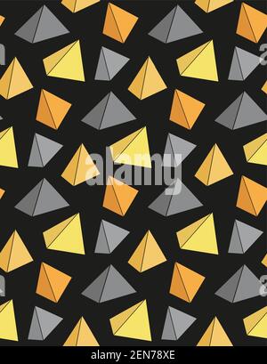 Nahtloses geometrisches Muster in trendigen Farben auf dunklem Hintergrund. Pyramiden und Dreiecke. Texturen aus einfachen volumetrischen Formen auf schwarzem Hintergrund. Vect Stock Vektor