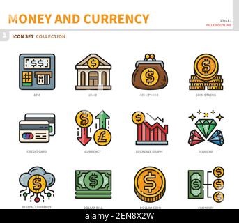 Geld und Währung Icon Set, gefüllte Umrissstil, Vektor und Illustration Stock Vektor