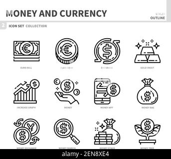 Geld und Währung Icon Set, Umrissstil, Vektor und Illustration Stock Vektor