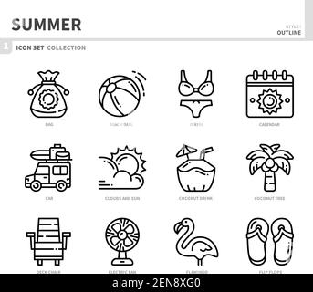 Sommer Saison Icon Set, Umriss Stil, Vektor und Illustration Stock Vektor