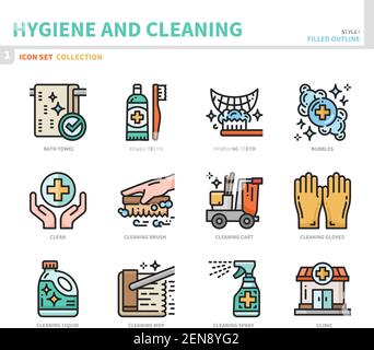 Hygiene- und Reinigungssymbole, ausgefüllter Umrissstil, Vektor und Illustration Stock Vektor