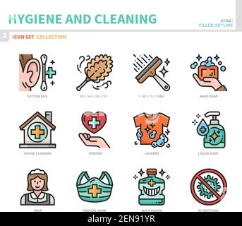 Hygiene- und Reinigungssymbole, ausgefüllter Umrissstil, Vektor und Illustration Stock Vektor