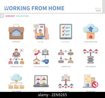 Arbeiten von zu Hause Icon Set, flache Stil, Vektor und Illustration Stock Vektor