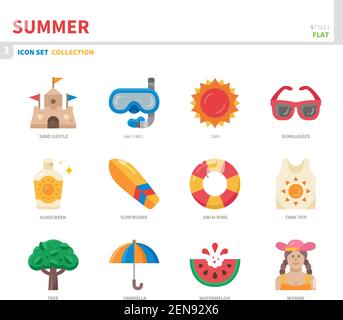 Sommer Saison Icon Set, flacher Stil, Vektor und Illustration Stock Vektor