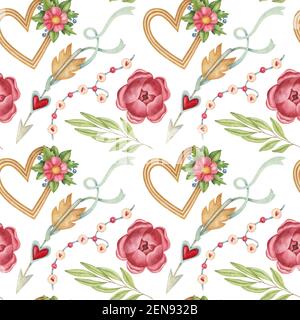 Aquarell nahtloses Muster mit Herz, Pfeil, Blatt und Blume auf dem hellen Hintergrund. Helle Illustration. Ideal für Textilien, Verpackungen und andere d Stockfoto