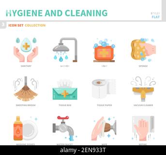 Hygiene- und Reinigungssymbol, flacher Stil, Vektor und Illustration Stock Vektor