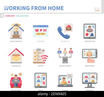Arbeiten von zu Hause Icon Set, flache Stil, Vektor und Illustration Stock Vektor