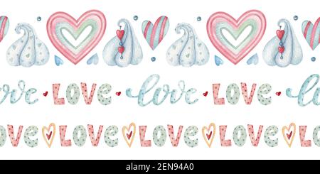 Aquarell nahtlose Grenze mit Herz, Marshmallow und Text. Handgezeichnete helle Bordüre mit Dekorationselementen. Stockfoto