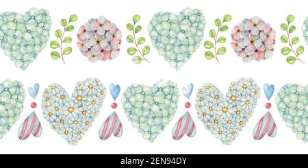 Aquarell nahtlose Grenze mit Herz aus Blumen und Blättern. Handgezeichneter Frühlingsrand mit heller Einrichtung. Stockfoto