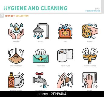 Hygiene- und Reinigungssymbole, ausgefüllter Umrissstil, Vektor und Illustration Stock Vektor