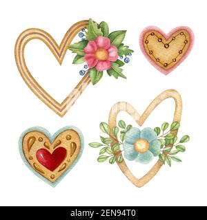 Aquarell auf dem hellen Hintergrund eingestellt. Helle handgemalte Illustration mit Herz, Blume und Keksen. Stockfoto
