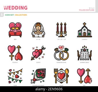 Hochzeit und Ehe Symbol-Set, gefüllt Umriss Stil, Vektor und Illustration Stock Vektor