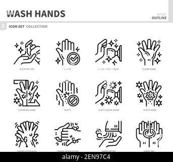 Symbole für Hände waschen, Umrissstil, Vektor und Illustration Stock Vektor