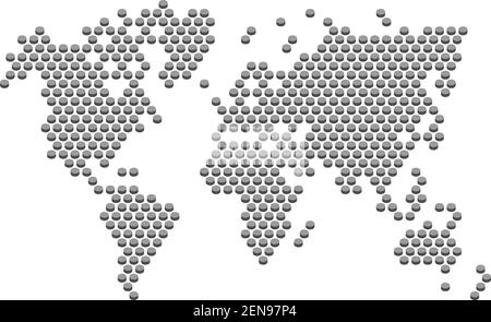 Perspektivische flache Schaltfläche der gepunkteten Weltkarte, Graustufen-Taste auf weiß Hintergrund, Vektor und Illustration Stock Vektor