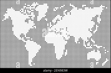 Gepunktete Weltkarte, graue Punkte Land und schwarze Punkte Meer, Vollformat Muster, Vektor und Illustration Stock Vektor