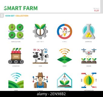 Smart Farm Icon Set, flacher Stil, Vektor und Illustration Stock Vektor