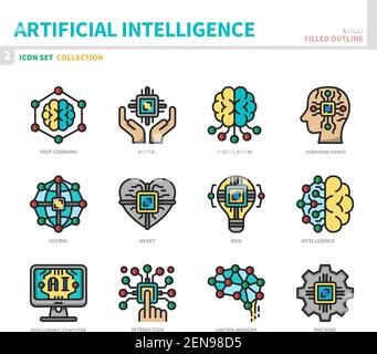 Künstliche Intelligenz Icon Set, gefüllte Umrissstil, Vektor und Illustration Stock Vektor