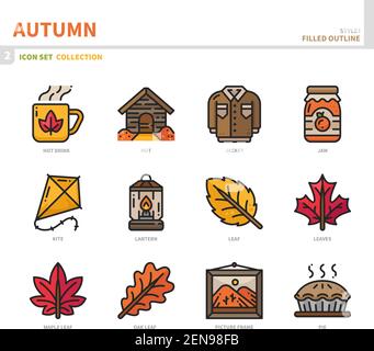 Herbst Saison Icon Set, gefüllt Umriss Stil, Vektor und Illustration Stock Vektor