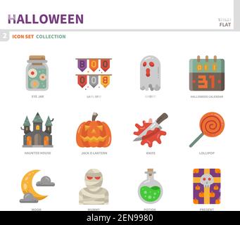 halloween Icon Set, Farbe flach Stil, Vektor und Illustration Stock Vektor