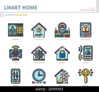 Smart Home Icon Set, ausgefüllter Umrissstil, Vektor und Illustration Stock Vektor