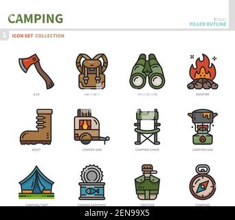 Camping Icon Set, gefüllte Umrissstil, Vektor und Illustration Stock Vektor