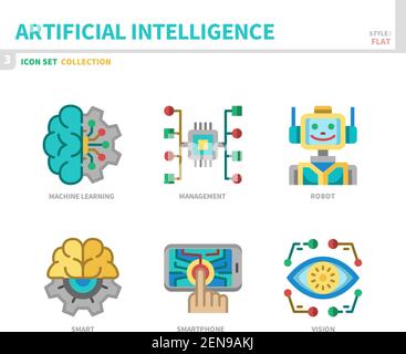 Künstliche Intelligenz Icon Set, flacher Stil, Vektor und Illustration Stock Vektor