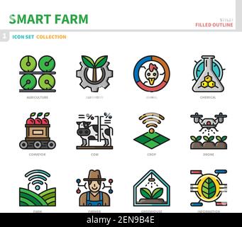 Smart Farm Icon Set, ausgefüllter Umrissstil, Vektor und Illustration Stock Vektor