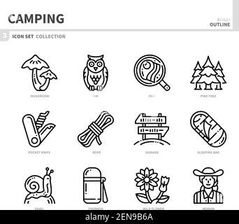 Camping Icon Set, Umriss Stil, Vektor und Illustration Stock Vektor