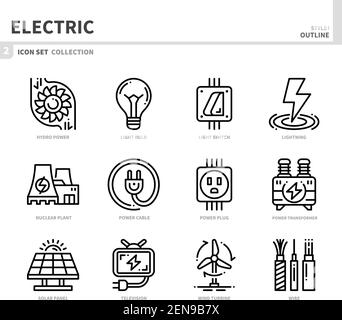 Elektrisches Icon-Set, Umrissstil, Vektor und Illustration Stock Vektor