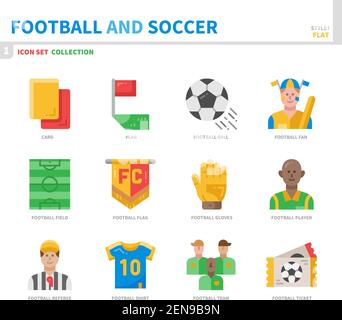 Fußball und Fußball Icon Set, Farbe flach Stil, Vektor und Illustration Stock Vektor