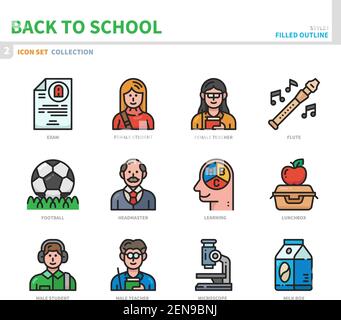 Zurück zur Schule Icon Set, gefüllte Umriss Stil, Vektor und Illustration Stock Vektor