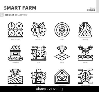 Smart Farm Icon Set, Umrissstil, Vektor und Illustration Stock Vektor