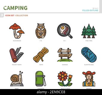 Camping Icon Set, gefüllte Umrissstil, Vektor und Illustration Stock Vektor