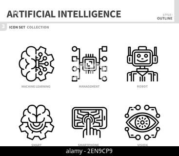 Icon Set für künstliche Intelligenz, Umrissstil, Vektor und Illustration Stock Vektor