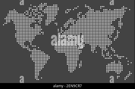 Gepunktete Weltkarte, weiße Punkte auf schwarzem Hintergrund, Vektor und Illustration Stock Vektor