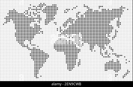 Gepunktete Weltkarte, schwarze Punkte Land und graue Punkte Ozean, Vollformat-Muster, Vektor und Illustration Stock Vektor