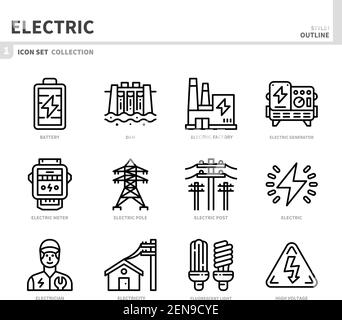 Elektrisches Icon-Set, Umrissstil, Vektor und Illustration Stock Vektor