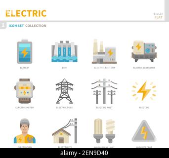 Elektrische Icon-Set, Farbe flach Stil, Vektor und Illustration Stock Vektor