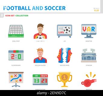 Fußball und Fußball Icon Set, Farbe flach Stil, Vektor und Illustration Stock Vektor