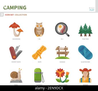 Camping Icon Set, Farbe flach Stil, Vektor und Illustration Stock Vektor